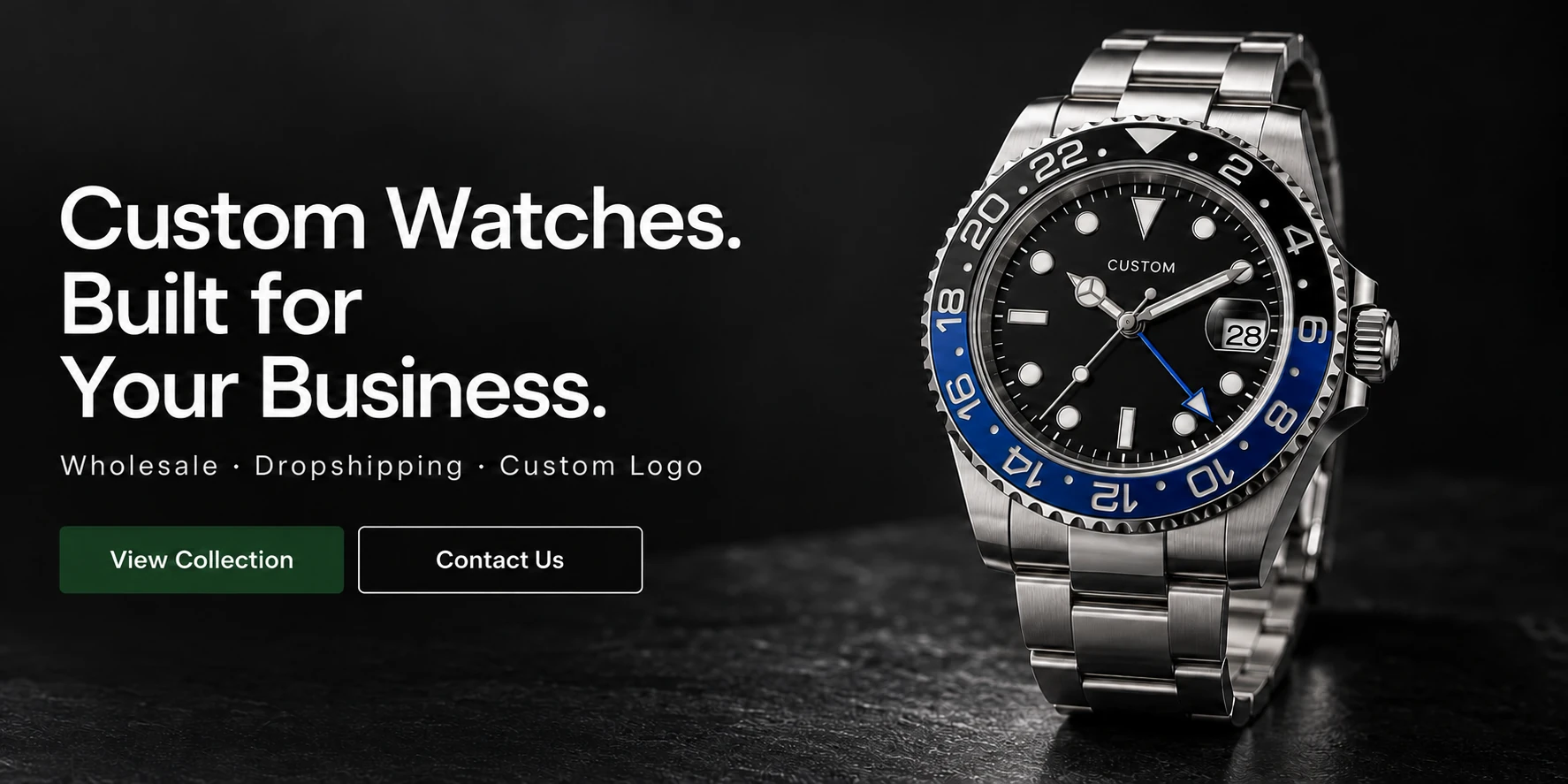 Custom Watches. Built for Your Business. Wholesale, Dropshipping, Custom Logo. Black and blue GMT watch.