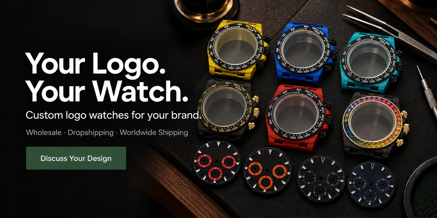 Your Logo. Your Watch. Custom logo watches for your brand. Colorful watch cases and chronograph dials.